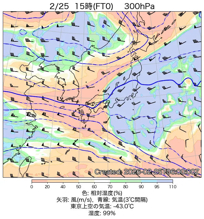 2026年2月25日の日本周辺の300hPa天気図（15時）