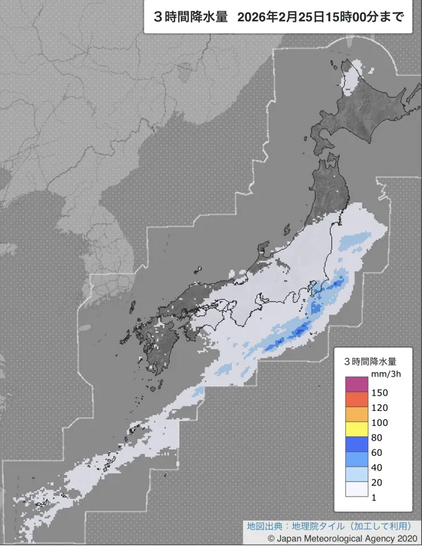 2026年2月25日12〜15時の日本周辺の3時間解析降水量