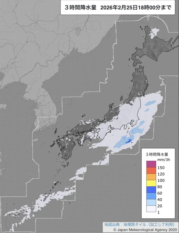 2026年2月25日15〜18時の日本周辺の3時間解析降水量