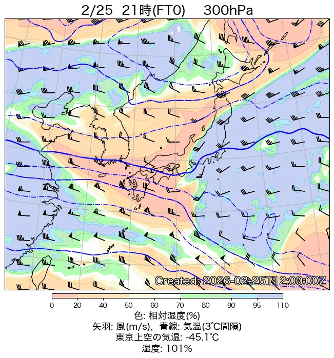 2026年2月25日の日本周辺の300hPa天気図（21時）