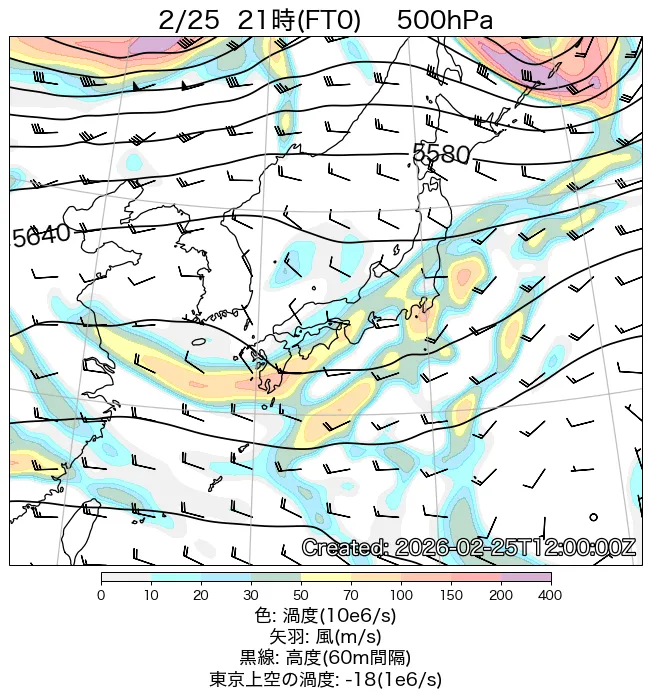 2026年2月25日の日本周辺の500hPa天気図（21時）