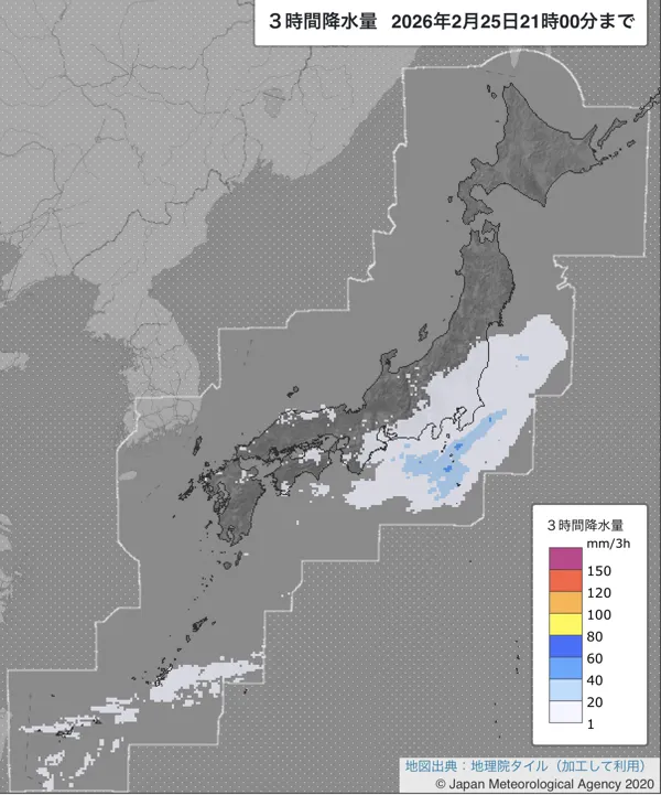 2026年2月25日18〜21時の日本周辺の3時間解析降水量