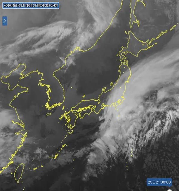 2026年2月25日21時の日本周辺の衛星赤外画像