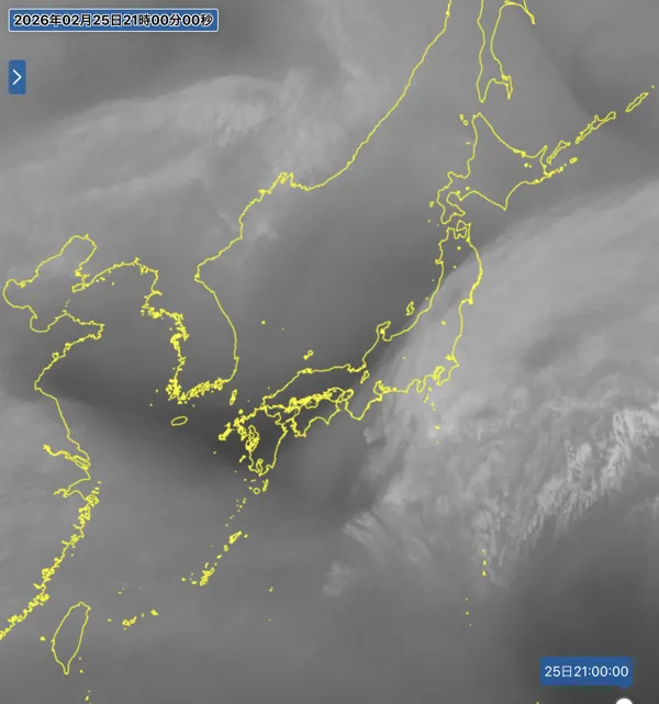 2026年2月25日21時の日本周辺の衛星水蒸気画像