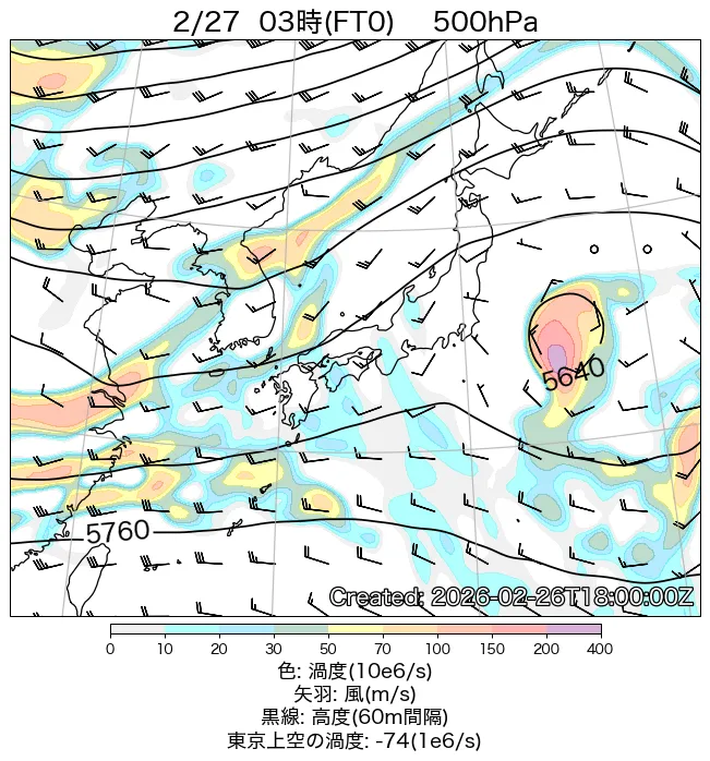 2026年2月27日の日本周辺の500hPa天気図（3時）