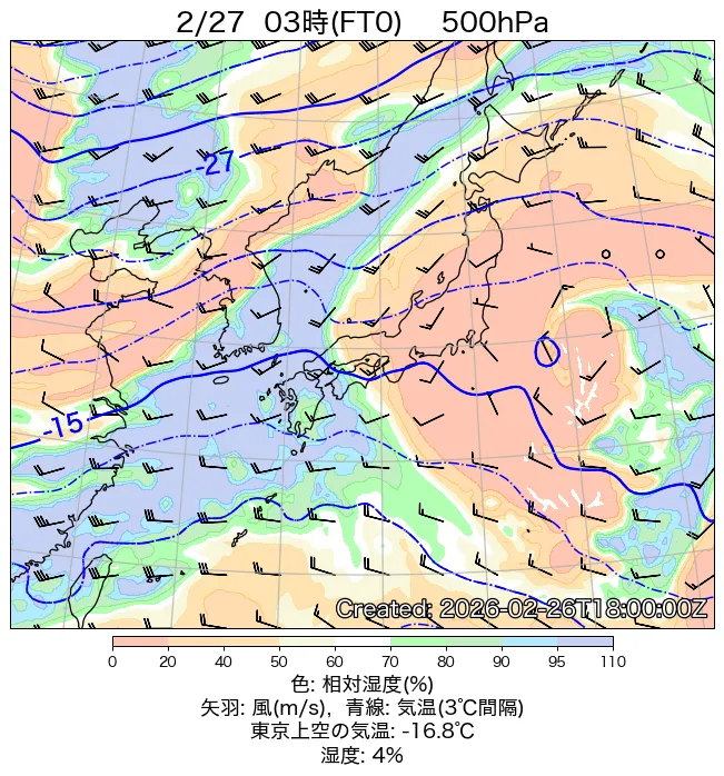 2026年2月27日の日本周辺の500hPa天気図（3時）