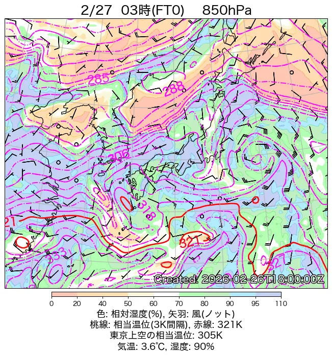 2026年2月27日の日本周辺の850hPa天気図（3時）