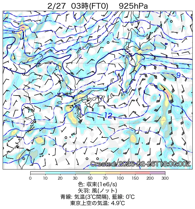2026年2月27日の日本周辺の925hPa天気図（3時）