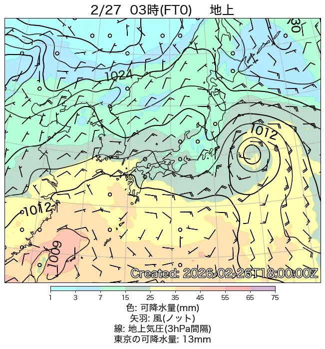 2026年2月27日の日本周辺の地上天気図（3時）