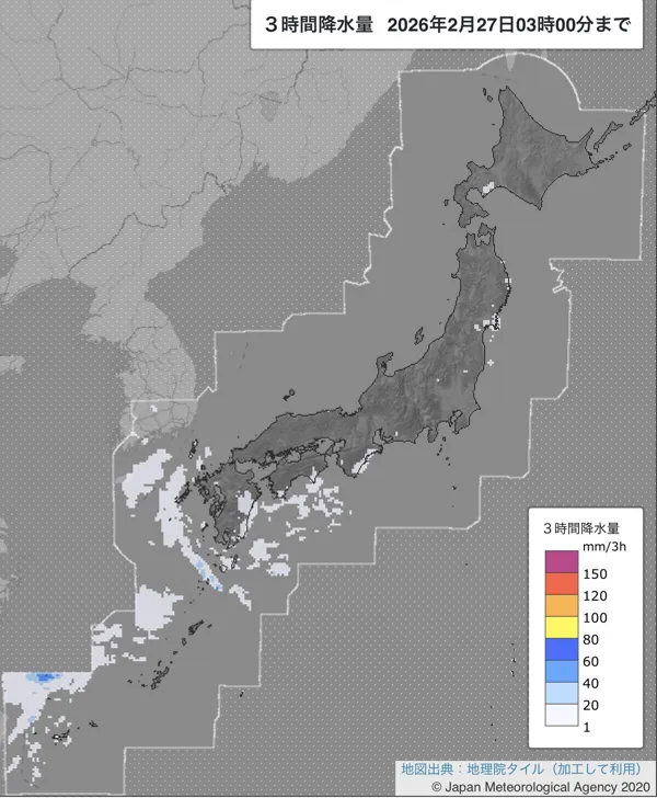 2026年2月27日0〜3時の日本周辺の3時間解析降水量