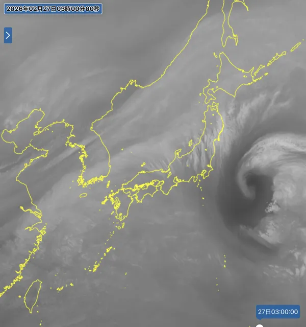 2026年2月27日3時の日本周辺の衛星水蒸気画像