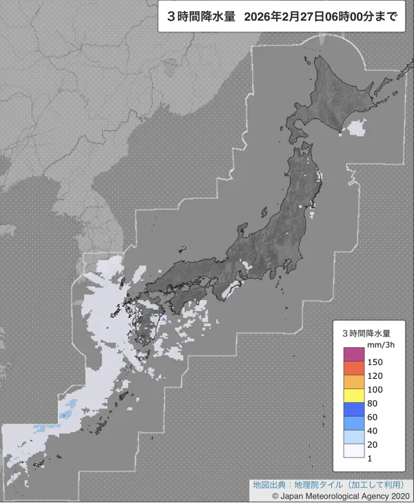 2026年2月27日3〜6時の日本周辺の3時間解析降水量