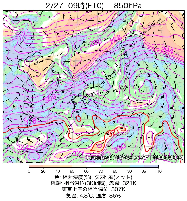 2026年2月27日の日本周辺の850hPa天気図（9時）