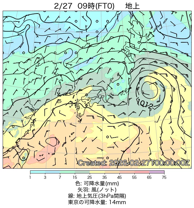 2026年2月27日の日本周辺の地上天気図（9時）