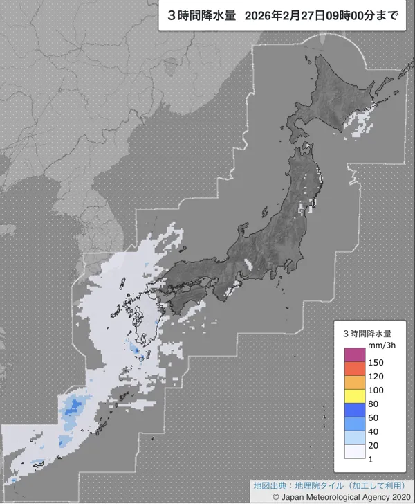 2026年2月27日6〜9時の日本周辺の3時間解析降水量