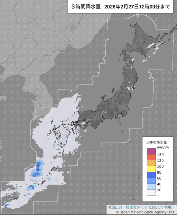 2026年2月27日9〜12時の日本周辺の3時間解析降水量