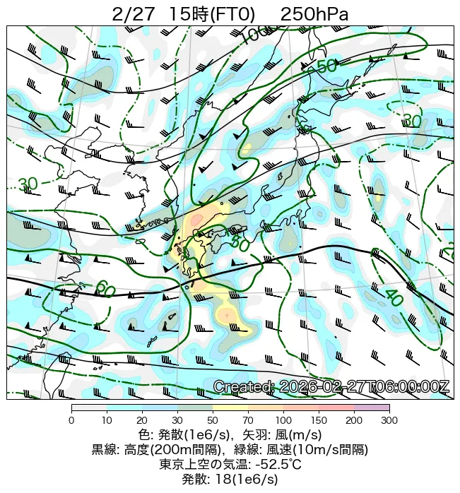 2026年2月27日の日本周辺の250hPa天気図（15時）