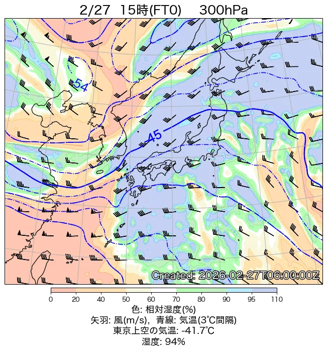 2026年2月27日の日本周辺の300hPa天気図（15時）
