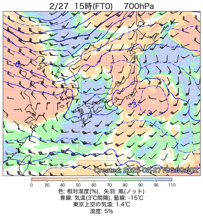 2026年2月27日の日本周辺の700hPa天気図（15時）