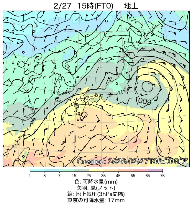 2026年2月27日の日本周辺の地上天気図（15時）