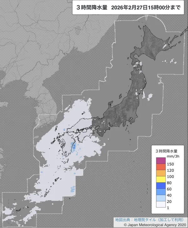 2026年2月27日12〜15時の日本周辺の3時間解析降水量