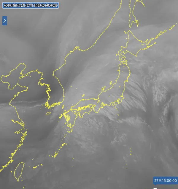 2026年2月27日15時の日本周辺の衛星水蒸気画像