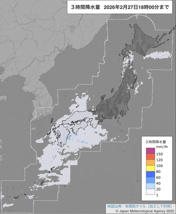 2026年2月27日15〜18時の日本周辺の3時間解析降水量