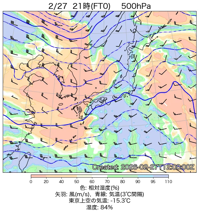 2026年2月27日の日本周辺の500hPa天気図（21時）