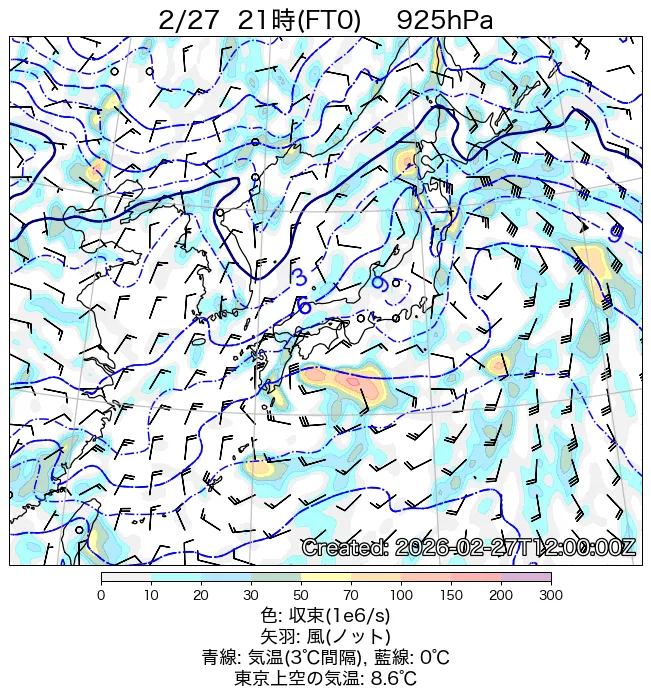 2026年2月27日の日本周辺の925hPa天気図（21時）