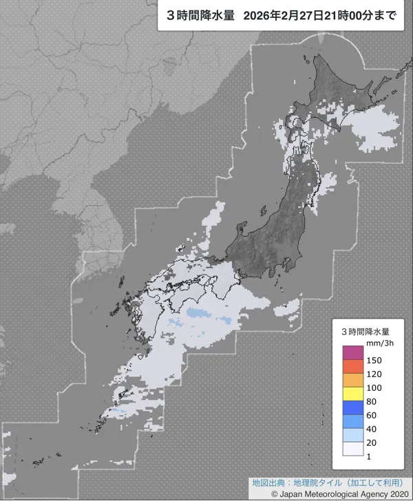 2026年2月27日18〜21時の日本周辺の3時間解析降水量