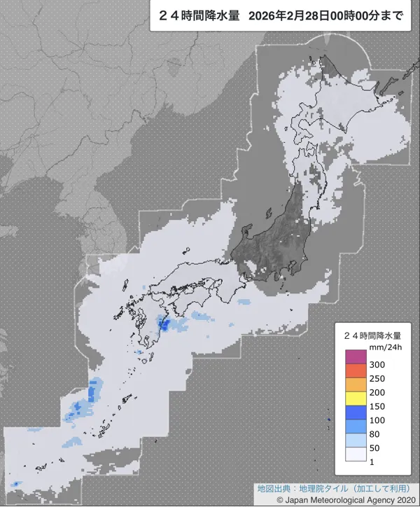 2026年2月27日の日本周辺の日解析雨量の図