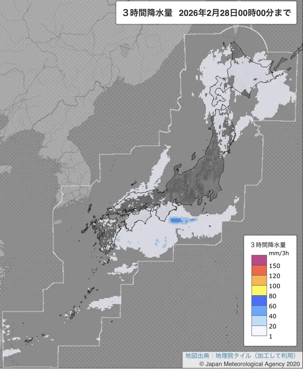 2026年2月27日21〜24時の日本周辺の3時間解析降水量