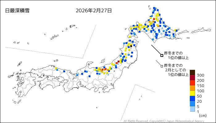 日本のアメダス最大積雪量の図