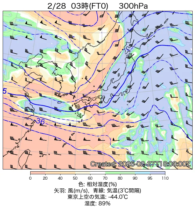 2026年2月28日の日本周辺の300hPa天気図（3時）