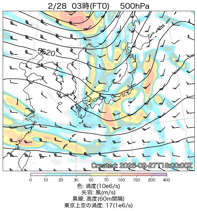 2026年2月28日の日本周辺の500hPa天気図（3時）