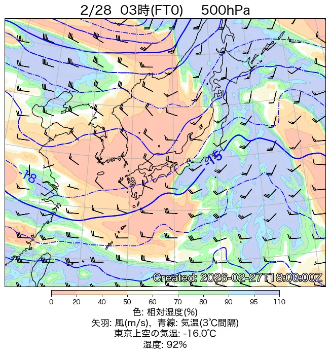 2026年2月28日の日本周辺の500hPa天気図（3時）
