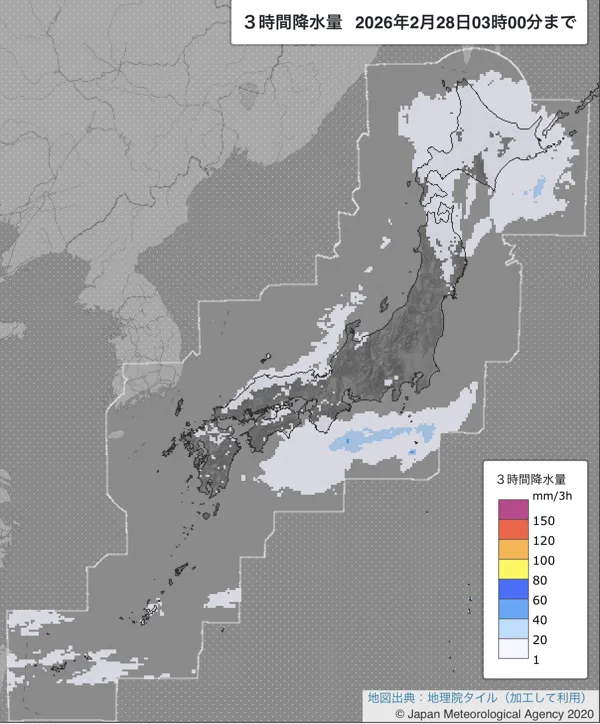 2026年2月28日0〜3時の日本周辺の3時間解析降水量