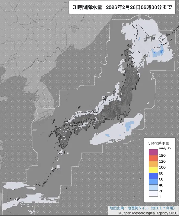2026年2月28日3〜6時の日本周辺の3時間解析降水量