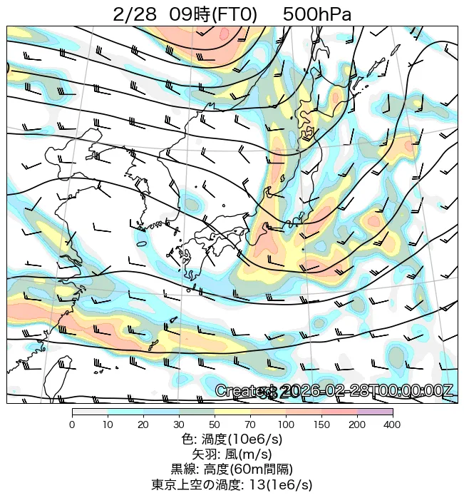2026年2月28日の日本周辺の500hPa天気図（9時）