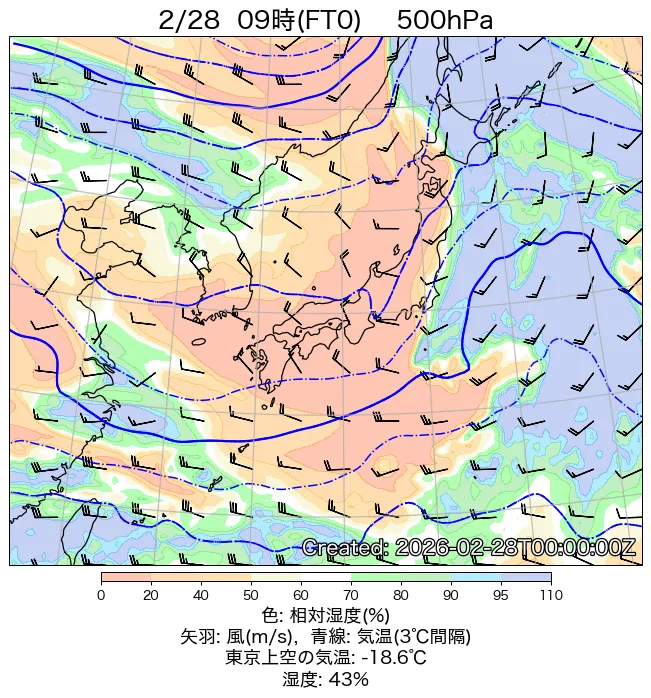 2026年2月28日の日本周辺の500hPa天気図（9時）