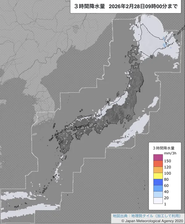 2026年2月28日6〜9時の日本周辺の3時間解析降水量