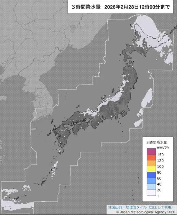 2026年2月28日9〜12時の日本周辺の3時間解析降水量