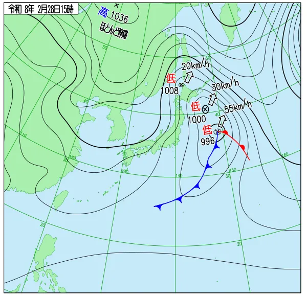 2026年2月28日15時の速報天気図