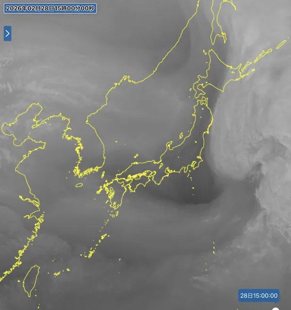 2026年2月28日15時の日本周辺の衛星水蒸気画像