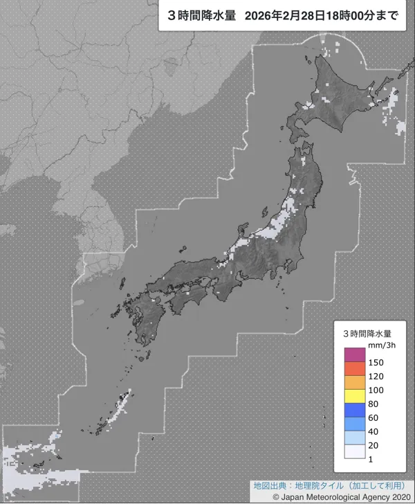 2026年2月28日15〜18時の日本周辺の3時間解析降水量