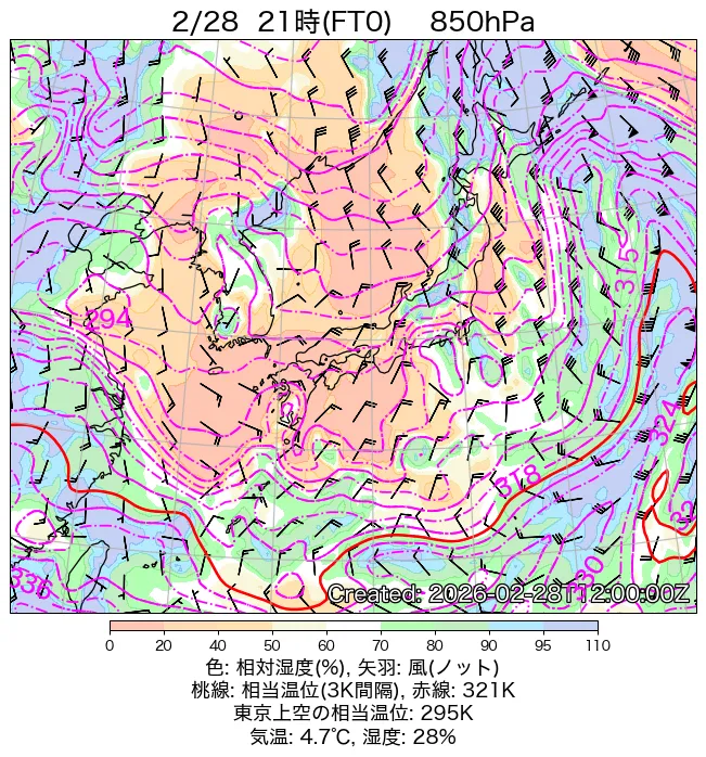 2026年2月28日の日本周辺の850hPa天気図（21時）