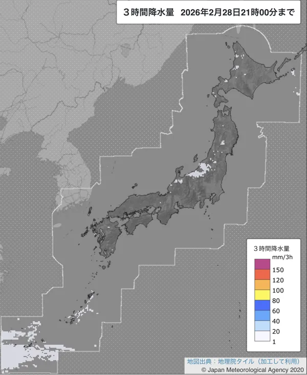 2026年2月28日18〜21時の日本周辺の3時間解析降水量