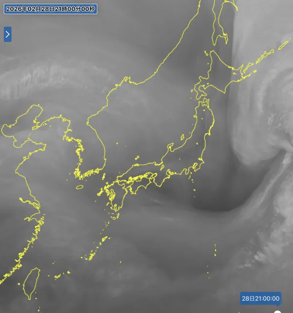 2026年2月28日21時の日本周辺の衛星水蒸気画像