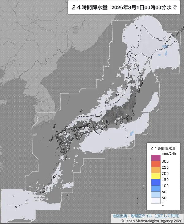 2026年2月28日の日本周辺の日解析雨量の図