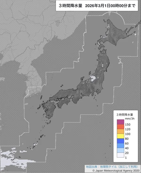2026年2月28日21〜24時の日本周辺の3時間解析降水量